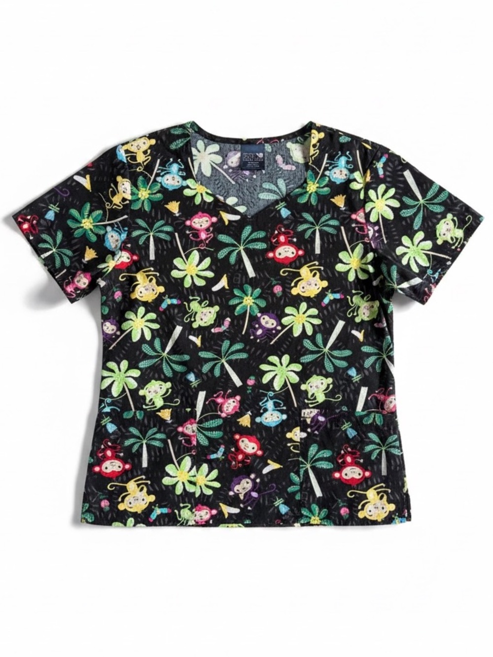 Zoe + Chloe Monkey Palm Tree Scrub Top Pediatric Nurse Black Tropical Print XS
